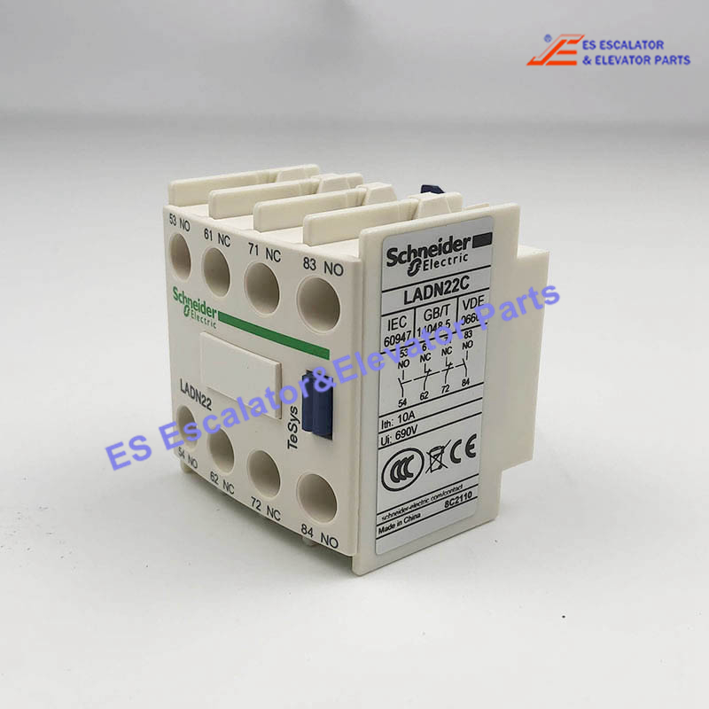 LADN22 Elevator Auxiliary Contact Block 2 NO and 2 NC, Top Mount, Screw Clamp T terminals, For LC1D09 to LC1D150 Contactors Use For Schneider